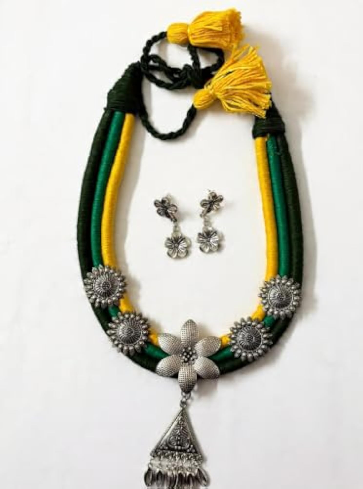 Multilayered Thread Necklace Set with Silver Oxidised Flower Pendant