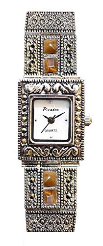 Picador Marcasite Polshorloge voor dames in antieke metalen afwerking met bruine stenen Analoge Quartz Fold Over Clasp Extra Batterij