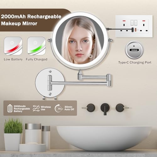 Amelar 20X Wall Mounted Makeup Mirror USB Rechargeable LED 3 Color Lights Two Sided 8 Inch Magnifying Mirror Touch Switch Intelligent Shutdown 360° for Bathroom Hotel (Silver) - Cosy Home Interiors Amelar 20X Wall Mounted Makeup Mirror USB Rechargeable LED 3 Color Lights Two Sided 8 Inch Magnifying Mirror Touch Switch Intelligent Shutdown 360° for Bathroom Hotel (Silver) - Image 2
