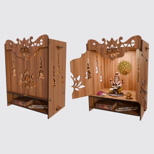 Image of NIVED YAMUNA Engineered Wood Mandir with Door | Spotlight | Extra Storage | 21 x 16 x 10.5 inch | Wall Mountable | No Screw /Bolt Screw Assembly | Home Temple | Pooja Stand | Colour: Walnut