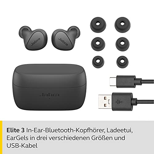 Jabra Elite 3 In Ear Bluetooth Earbuds - True Wireless Kopfhörer mit Geräuschisolierung und 4 integrierten Mikrofonen - klare Anrufe, kraftvoller Bass, anpassbarer Sound und Mono-Modus - dunkelgrau – Bild 3