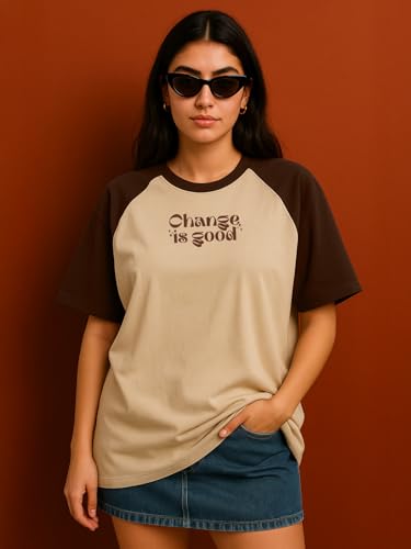 Image of JUNEBERRY 100% Pure Cotton Oversized Fit Drop Shoulder Graphic Printed Raglan Sleeves Boyfriend T-Shirt for Women (Sizes: S to 2XL)
