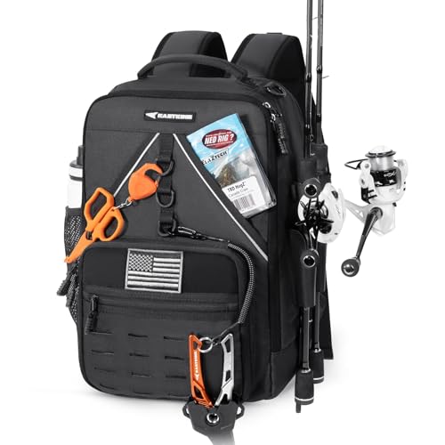KastKing KarryAll KastMate Fishing Tackle Backpack Water-Resistant Tackle Bag With 2 Rod Holders Fishing Gear and Equipment With Large Gear Storage Black