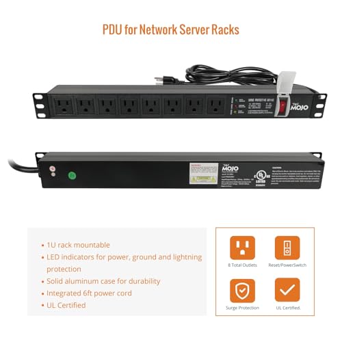 Image of Tecmojo 1U Rack-Mount Horizontal 8-Outlet PDU, UL Listed PDU with Surge Protection LED Indicators 6ft Cord Power Distribution for IT and Network Server Racks