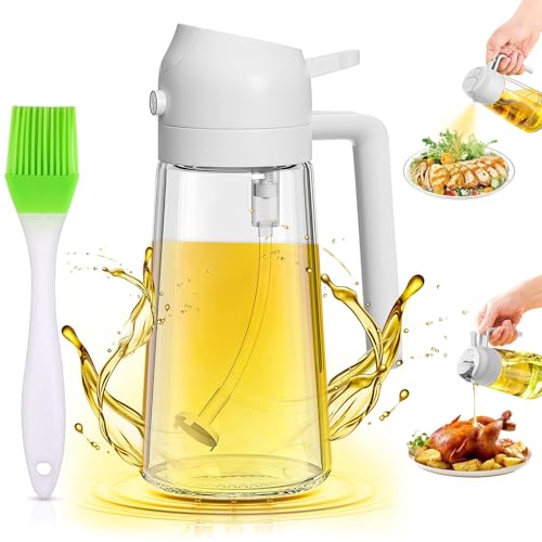 2 in 1 Oil Dispenser and Oil Sprayer for Cooking, Oil Dispenser for Kitchen Spray,16oz/470ml Premium Glass Oil Bottle, Oil Sprayer & Dispenser, 2in1 Glass Olive Oil Dispenser Bottle (White+Oil Brush)