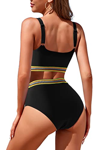 Image of Womens High Waisted Bikini Sets Sporty Crop Top Color Block Swimwear Bandeau Scoop Neck Vintage Two Piece Bathing Suits