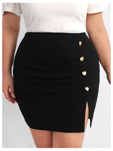 WDIRARA Women's Plus Size Ruched Bodycon Skirt High Waisted Button Split Hem Short Skirts4