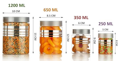 Image of Plastic Pet Storage Jar and Container, Set of 16 (4 ps x 250ml, 4 ps x350ml, 4 ps x 650ml, 4 ps x 1200ml) With Spoons Air Tight Kitchen Organiser Improved Model Silver line Printed
