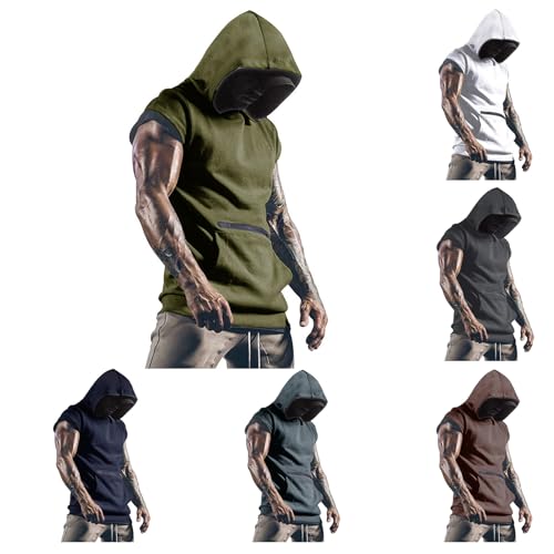 Men's Workout Hooded Tank Tops Sleeveless Gym Hoodies Bodybuilding Muscle Cut Off T-Shirts Brown4