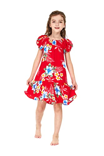 Girl Hawaiian Short Sleeve Simple Muumuu Ruffle Dress in Hibiscus Blue