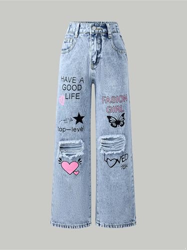 YiZYiF Girl's Trendy Bottoms Wide Leg Denim Pants Baggy Trousers Streetwear Elastic Waist Ripped Jeans Bootcut4