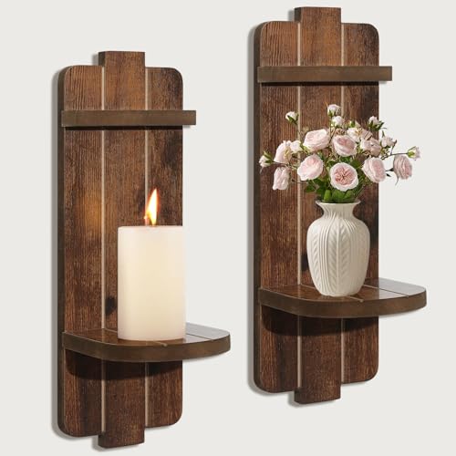 Rustic Candle Holder Set of 2 Vintage Brown Wooden Wall Sconces for Fireplace Bedroom & Living Room Farmhouse Wall Decor with Candle Shelf for Home Aisle Hallway