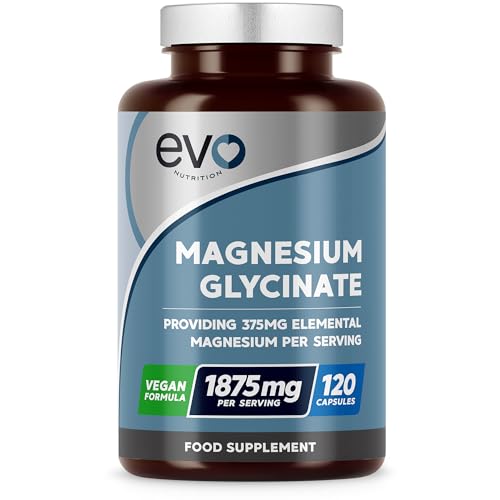 Magnesium Glycinate Supplements 1875mg | 120 High Strength Capsules | Supports Sleep Relaxation Energy & Cognitive Health | High Absorption Bisglycinate 375mg Elemental | UK Made EVO Nutrition