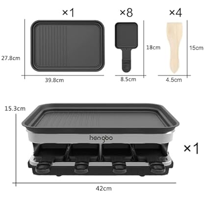 Raclette 8 Personen Tischgrill Elektrisch, Raclette Grill mit 8 Mini Pfännchen & 4 Holzspatel Stufenlos Regulierbare Temperatur, 1500W, Antihaftbeschichtet, Edelstahl – Bild 5