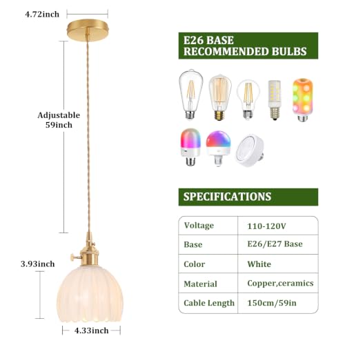 Image of Shenmoyl Pendant Light 2 Pack with White Tulip Glass Lmapshade, Brass Vintage Pendant Light Adjustable Hanging Light for Kitchen Island Dining Room Hallway