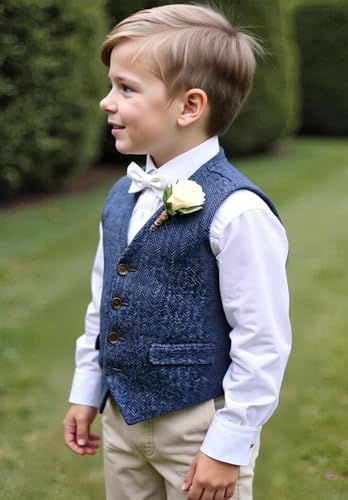 Boys' Tweed Vest for Toddlers Vintage Herringbone Waistcoat V-Neck Formal Wedding Vest4