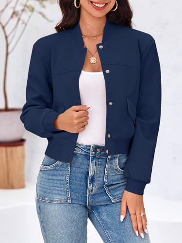 Image of Tankaneo Womens Cropped Bomber Jackets Casual Button Down Long Sleeve Stand Collar Varsity Shacket Coats