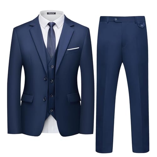 Mens 3 Piece Slim Fit Suits Tuxedo Suit Set Solid Prom Wedding Suits Two Button Blazer Jacket Vest Pants with Tie