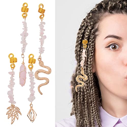 4pcs Stone Pendant for Hair Braiding Different Pendants Hair Dreadlocks Rings Gold Spring Exquisite Pink Stones Hair Jewelry for Braids - Image 4