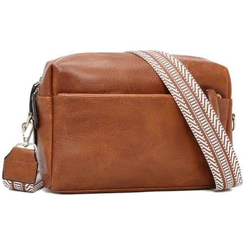 Image of FOXLOVER Small Crossbody Bags for Women Triple Zip Cell Phone Purses Vegan Leather Handbag with Colored Shoulder Strap(Brown)