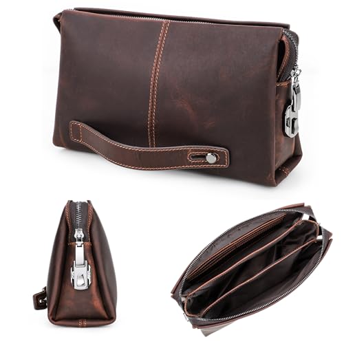 Top Grain Genuine Leather Clutch Wallet Purse for Man & Woman, Handmade Retro Design, Combination Lock & Retractable Strap & Multi Pockets/Slots, Portable RFID for Cards/Checks/Phone/Banknote, Coffee