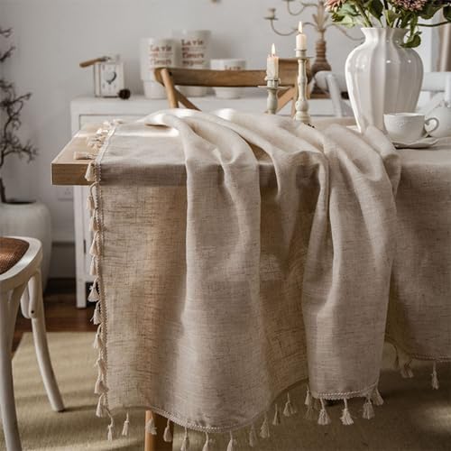 Nappe carrée 90x90cm beige en lin avec pompons Beydodo