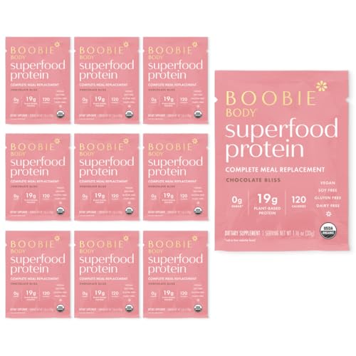 Image of Boobie Body Superfood Protein Meal Replacement Shake, Chocolate Bliss Flavor | 19g Protein | Safe For Pregnancy, Lactation, & Motherhood | Organic, Vegan, Zero Sugar, 10 Single Serve Packets (1.16 oz each)