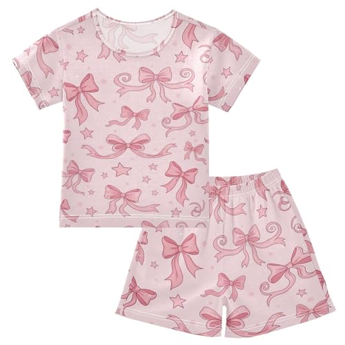 Pajama Short Sets Pink Bows and Stars Soft Cotton Summer Sleepwear 2 Piece PJS Size 5-14T
