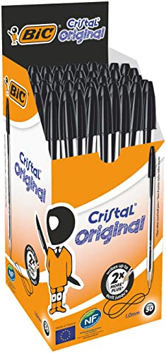 Boligrafos Bic BIC Cristal Original, Bolígrafos Punta Media, Óptimo para Uso Escolar y Oficinas (1,0mm), Negro, Caja de 50 Unidades