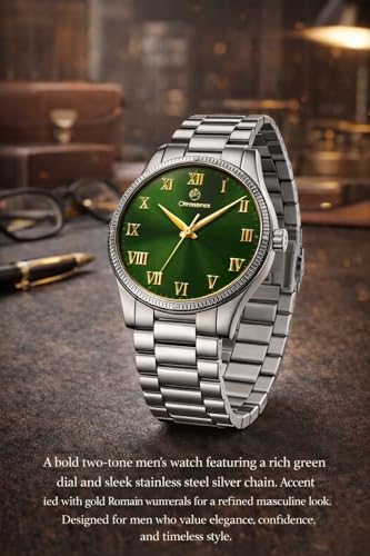Image of Luxury Green Dial Watch for Men - Silver Stainless Steel Chain, Roman Numerals, Vastu & Astrology Recommended