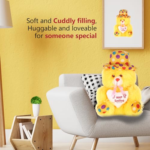 Image of Trendller Yellow Teddy Bear with Cap and Keep Smiling Heart - 30 cm Soft, Washable Plush Gift for Kids, Girls, Boys, and Loved Ones - Perfect for Birthdays, Valentine's, Christmas