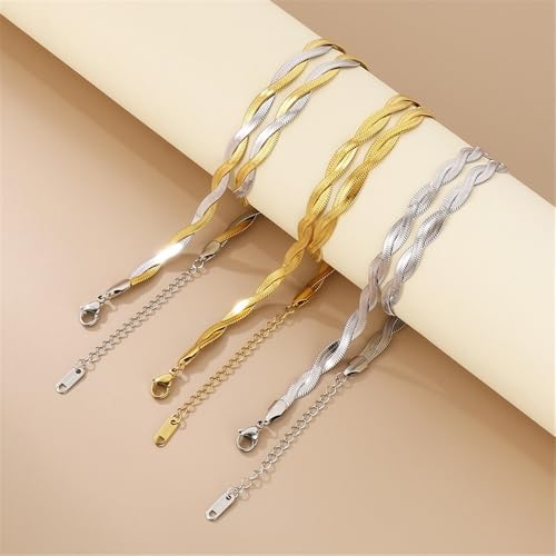 HIJONES Braided Flat Snake Chain Stainless Steel Necklace Bracelet for Men Women Herringbone Layered Collarbone Finesse Chain Jewelry4