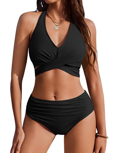 AI'MAGE Womens High Waisted Bikini Sets Tummy Control Bathing Suits Halter Two Piece Swimsuit Modest Bikini 2025