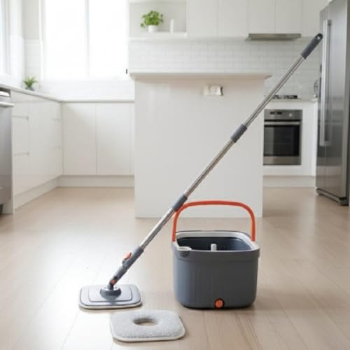 Image of R Runilex 360 Rotating Square Bucket Mop with Adjustable Handle Reusable Microfiber Pads for Wet & Dry Glass, Wall, Tile and Home Floor Cleaning - Grey and Orange
