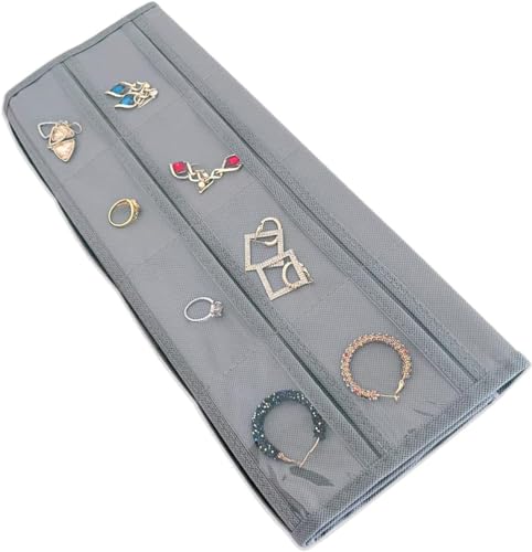 Image of Earring Organizer for Women | Hanging Jewellery Organiser with 48 Double-Sided Transparent Pockets | Earrings Holder, Necklace, Bangle Organizer | Jewelry Storage Organizer for Wardrobe Closet (Grey)