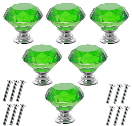 Akstore 6 Pcs Crystal Glass Cabinet Knobs 30mm Diamond Shape Drawer Kitchen Cabinets Dresser Cupboard Wardrobe Pulls Handles (Green, 30mm)