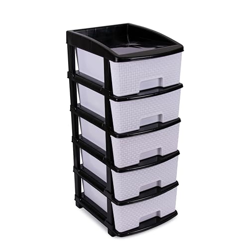 Image of Plastic Modular Drawer Storage Chest Of Drawers Organizer Storage Box, Large Stomo Racks For Multipurpose Anti-slip Shoes Organizers (White & Black, 5 Layer)