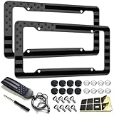 NJNYLLC American Flag License Plate Frame 2 Pack - Patriotic USA 3D Embossed Stars and Stripes Design, Black Plastic Car Tag Holder with Keychain & Screws