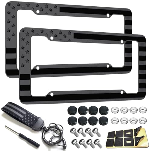NJNYLLC American Flag License Plate Frame 2 Pack - Patriotic USA 3D Embossed Stars and Stripes Design, Black Plastic Car Tag Holder with Keychain & Screws