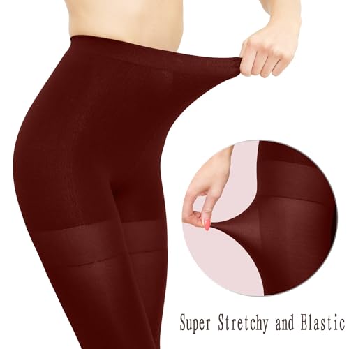 Image of HA WA Tights for Women, 2 Pairs Opaque Tights Control Top Pantyhose | Soft Solid Stretchy Comfy Silky Slimming Matte High Waist Non-slip Thick Warm Winter Autumn Reinforced Toe