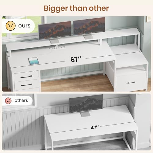 Image of SEDETA White Computer Desk with 5 Drawer & Power Outlet, 66'' Home Office Desk with File Drawer, Storage Shelves, Printer Cabinet and Monitor Shelf, Gaming Desk with Led Lights
