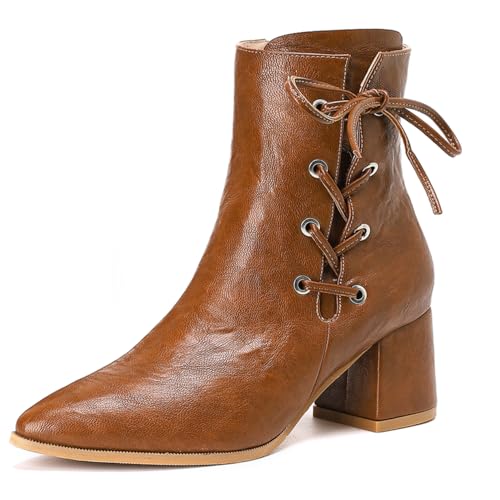 GATUXUS Women's Chunky Mid Heels Ankle Boots Leather Sexy Pointed Toe Side Zipper Lace-up Short...