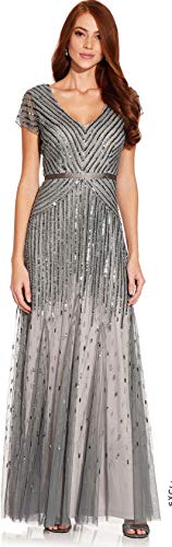 Adrianna Papell Women's Long Beaded V-Neck Dress with Cap Sleeves and Waistband (Pewter/Silver, 12)