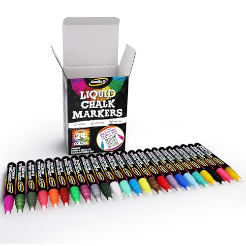 Image of Bandle B. Chalk Markers - 24 Vibrant, Erasable, Non-Toxic, Water-Based, Reversible Tips. For Glass or Chalkboard Markers for Businesses, Restaurants, Liquid Drawing Chalk (Vibrant 6mm)