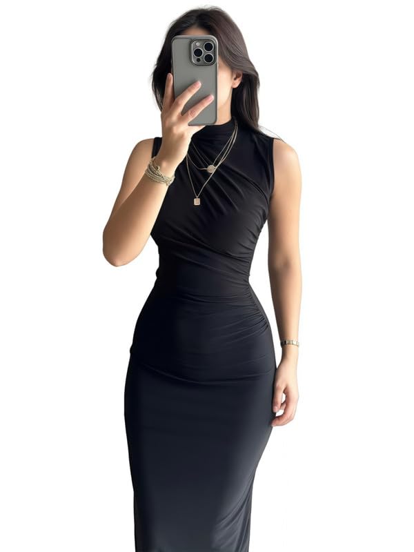 Sukiglam Sexy Kleid Damen Elegante Bodycon Maxikleid Für Hochzeitsgast Ärmellose Hoher Ausschnitt Lange Abendkleider Figurbetonte Sommerkleider mit...