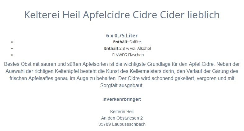 Kelterei Heil Apfelcidre Cidre Mild 6 x 0,75 Liter