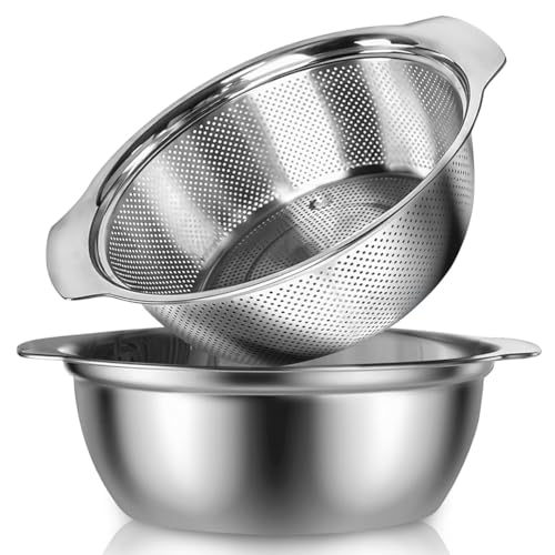 Image of Multipurpose Stainless Steel Bowl Colander Strainer Drainer With Handle For Fruits Rice, Vegetable, Noodles Grains Washing Filter Basket For Kitchen Bowl Storing And Straining Silver, Medium