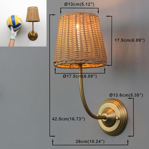 Image of Yosoan Rattan Boho Wrapped Wall Sconce Light, Indoor Hardwired Gold Hand-Woven Farmhouse Vintage Wall Lamp, Brass Handmade Shade Wall Mount Fixture for Reading Bedside Bedroom Nursery Rustic(Antique)