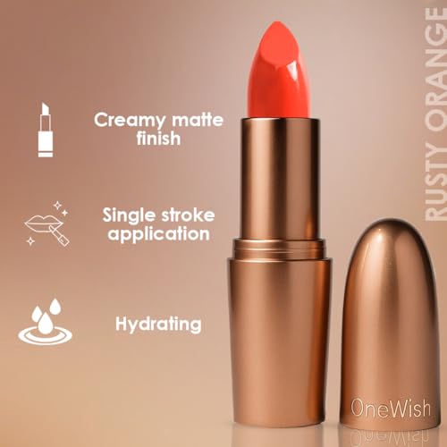 Image of One Wish Creamy Matte Lipstick Long Lasting for Women - Rusty Orange Shade 24 | Full Coverage | High-Pigment | SPF | Vitamin E, Almond Oil & Shea Butter for Moisturising Lip | 8 Hrs Lasting | Smooth Finish | 3.8 gm