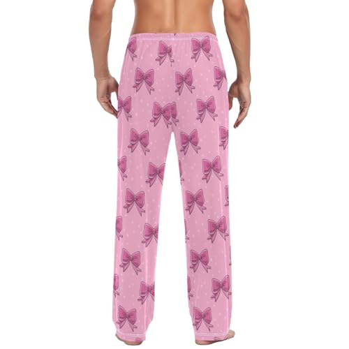 Men's Cute Pink Bows Pajama Pants with Pockets - Straight Fit Cotton Sleep Bottoms for Lounge & Nightwear#6103